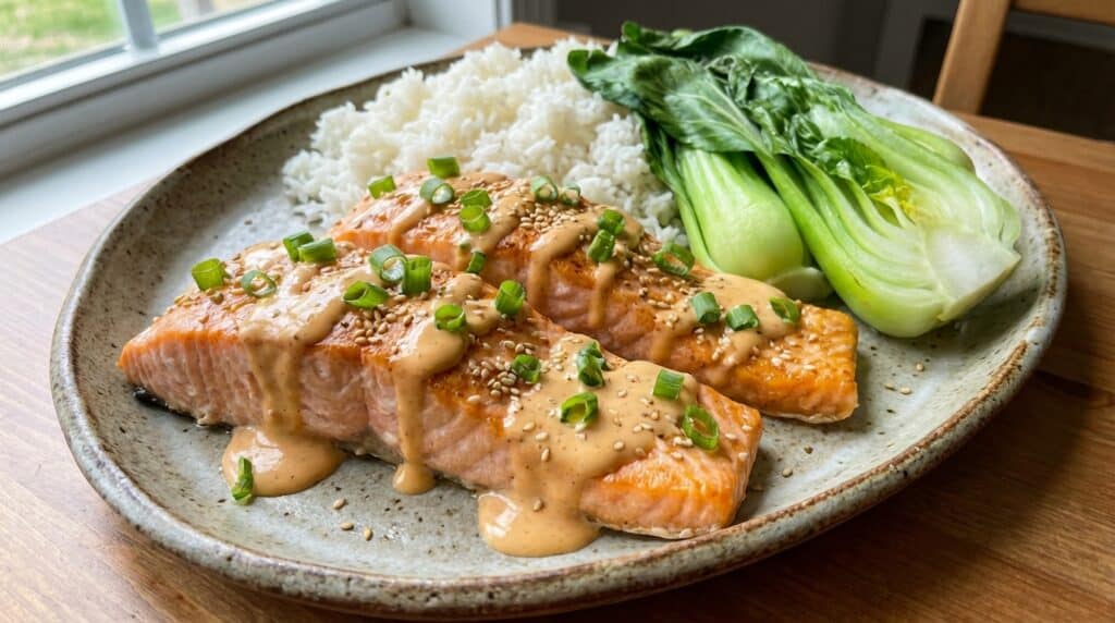 image - Bang Bang Salmon Recipe - Easy & Flavorful Fish Grilled salmon with sesame sauce, served with rice and bok choy, garnished with green onions on a ceramic plate.