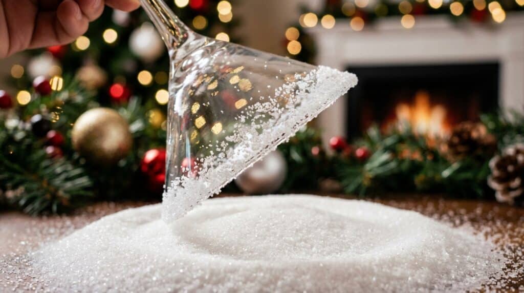 image - Snowy Poinsettia Martini: Your Ultimate Holiday Cocktail Martini glass rimmed with sugar against festive holiday decor and a warm fireplace.