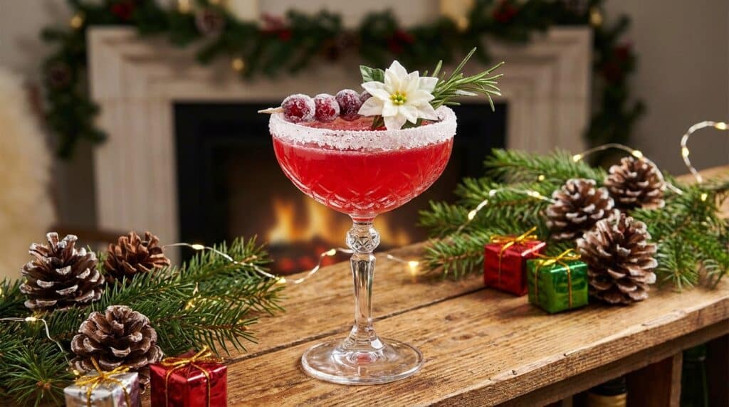 image - Snowy Poinsettia Martini: Your Ultimate Holiday Cocktail Festive red cocktail in a glass with sugared rim and cranberry garnish, surrounded by holiday decor on wooden table.