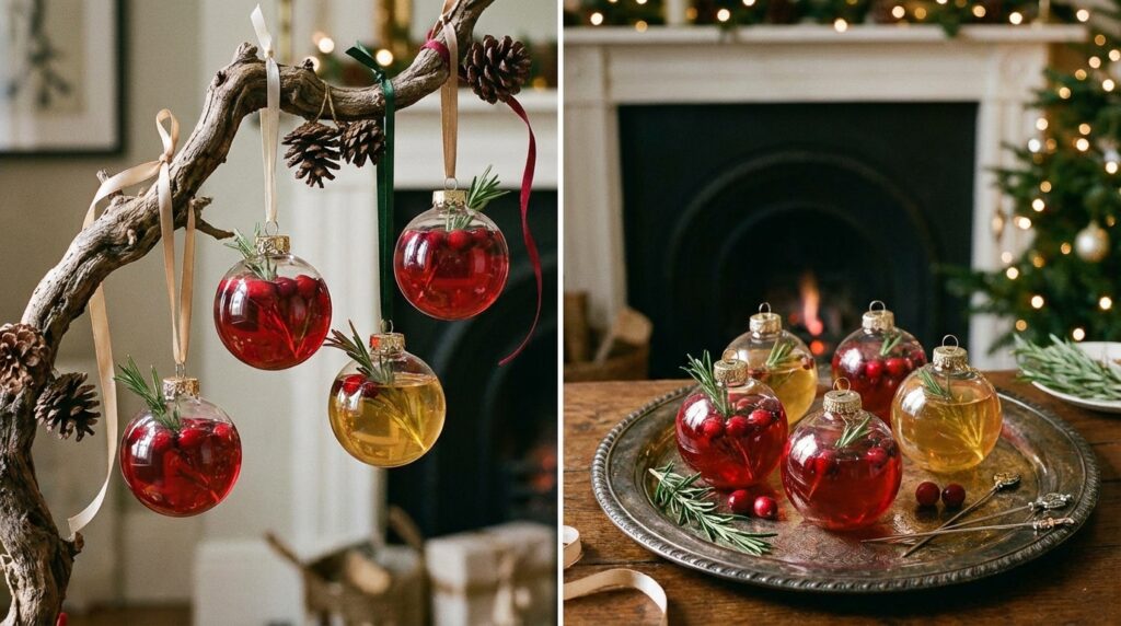 image - Celebrate in Style: Festive Ornament Cocktails for Holidays Festive Christmas tree ornaments and drinks with cranberries and rosemary near cozy fireplace setting.