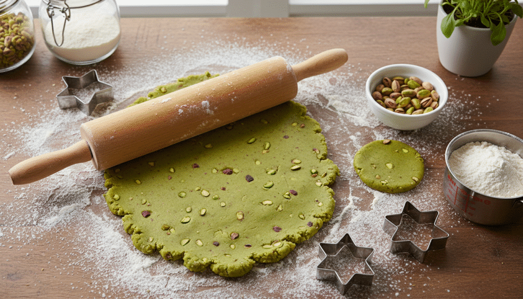 Pistachio cookie dough rolled out with a wooden rolling pin on a floured surface, surrounded by ingredients.