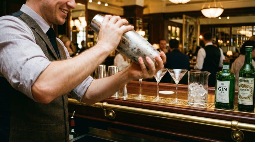 image - Snowy Poinsettia Martini: Your Ultimate Holiday Cocktail Bartender shaking cocktail mixer at vintage bar with gin, vermouth, and martini glasses in view.