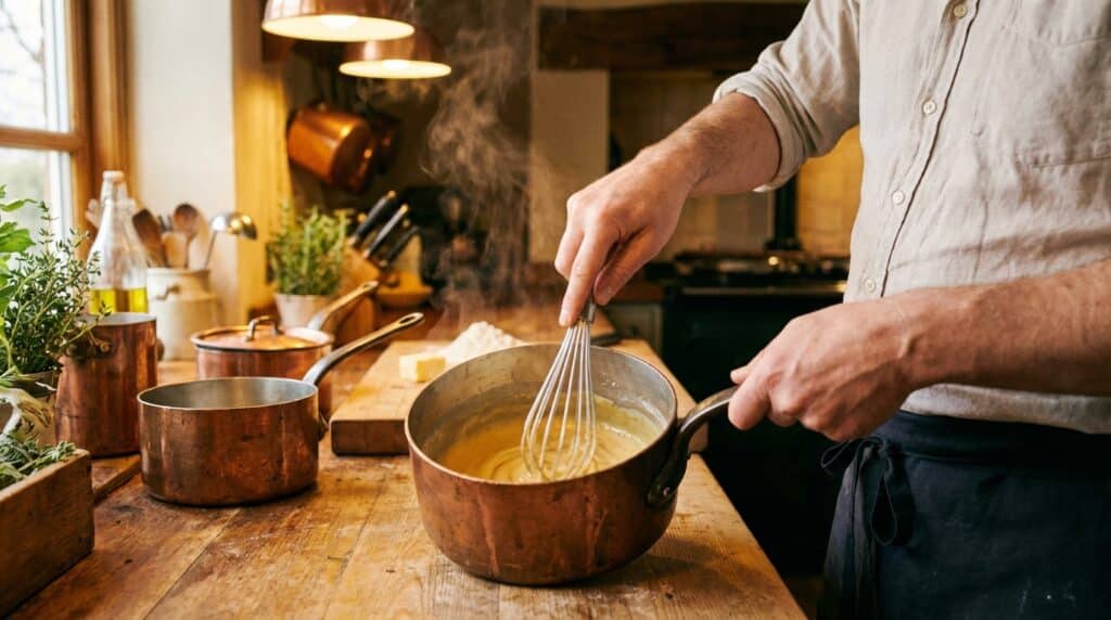 image - Insider Tips for a Delicious, Gourmet Croque Madame Person whisking in a copper pot on a rustic kitchen counter with herbs, demonstrating cozy home cooking.