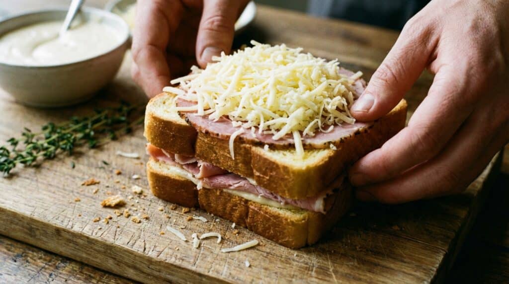 image - Insider Tips for a Delicious, Gourmet Croque Madame Person preparing a ham and cheese sandwich on a wooden board, with shredded cheese and sliced ham.
