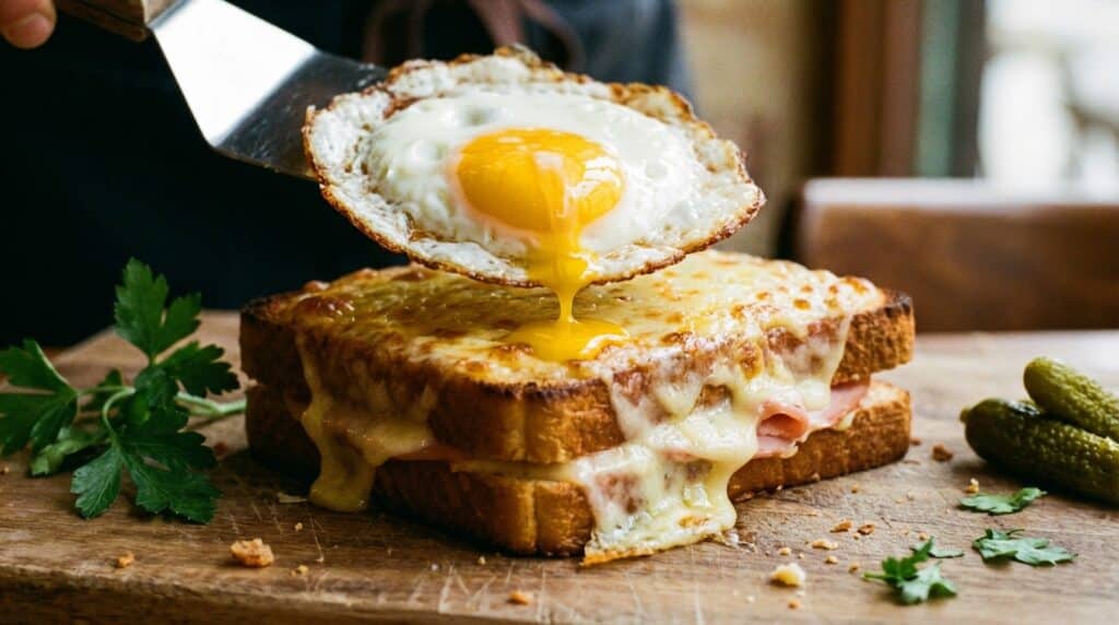image - Insider Tips for a Delicious, Gourmet Croque Madame Delicious croque monsieur sandwich topped with a runny fried egg on a wooden board.