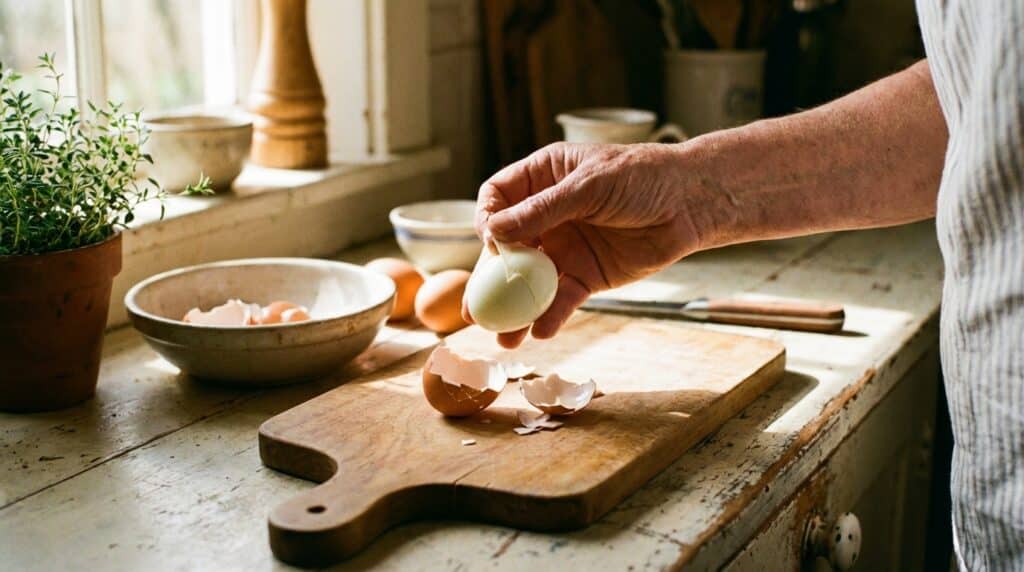 Person peeling an egg on a rustic kitchen counter with fresh herbs, eggshells, and a cutting board.