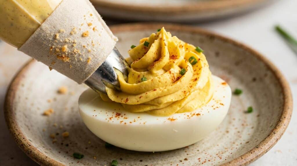 Deviled egg with creamy filling being piped, garnished with paprika and chives on a ceramic plate.