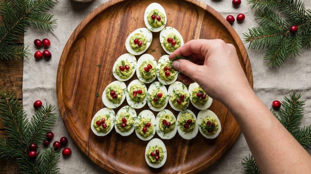 Deviled eggs arranged as a Christmas tree on a wooden platter, garnished with dill and pomegranate seeds.