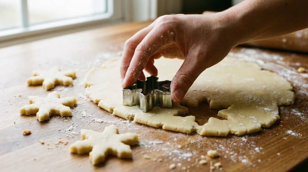 image - Delightful Snowflake Tartlets with Goat Cheese & Pomegranate Hand using snowflake cookie cutter on dough, wooden table, baking scene near window.