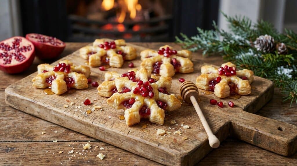image - Delightful Snowflake Tartlets with Goat Cheese & Pomegranate Festive puff pastries with pomegranate seeds and honey on a wooden board by the fireplace. Cozy holiday treat.