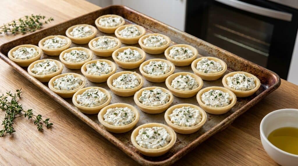 image - Delightful Snowflake Tartlets with Goat Cheese & Pomegranate Tray of creamy ricotta herb tartlets on wooden table near olive oil and thyme, ready to bake.