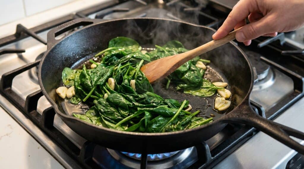image - Spinach & Feta Puff Pastry Recipe - Easy & Delicious Cooking spinach and garlic in a cast-iron skillet on a stove, stirred with a wooden spoon.