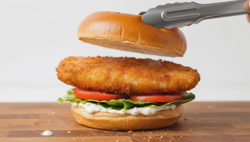 Crispy chicken sandwich with lettuce, tomato, and sauce, held by tongs, on a wooden board.