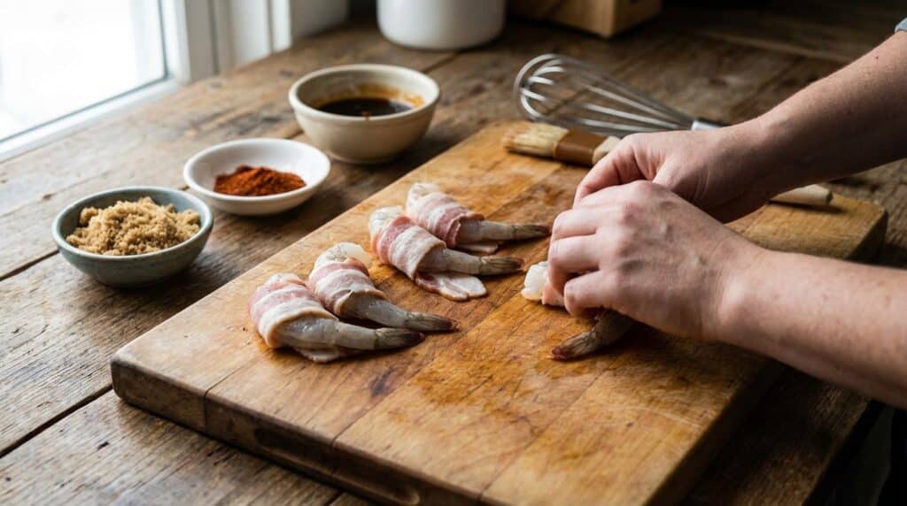 image - Sweet & Spicy Bacon-Wrapped Shrimp: Delightful Recipe Person wrapping shrimp in bacon on wooden board with spices and sauce, preparing delicious appetizer.