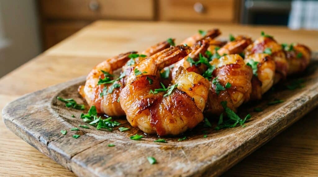 image - Sweet & Spicy Bacon-Wrapped Shrimp: Delightful Recipe Delicious bacon-wrapped shrimp garnished with fresh herbs on a wooden board, perfect for a savory appetizer. Sweet & Spicy Bacon-Wrapped Shrimp