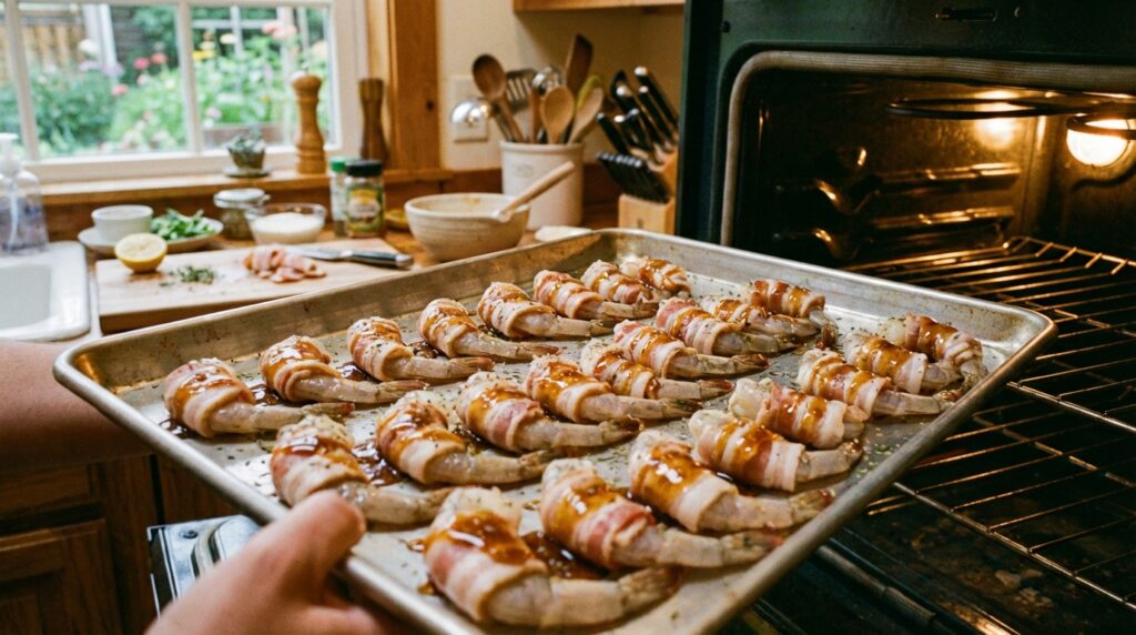 image - Sweet & Spicy Bacon-Wrapped Shrimp: Delightful Recipe Bacon-wrapped shrimp being placed in the oven, prepared meal in a cozy kitchen setting.