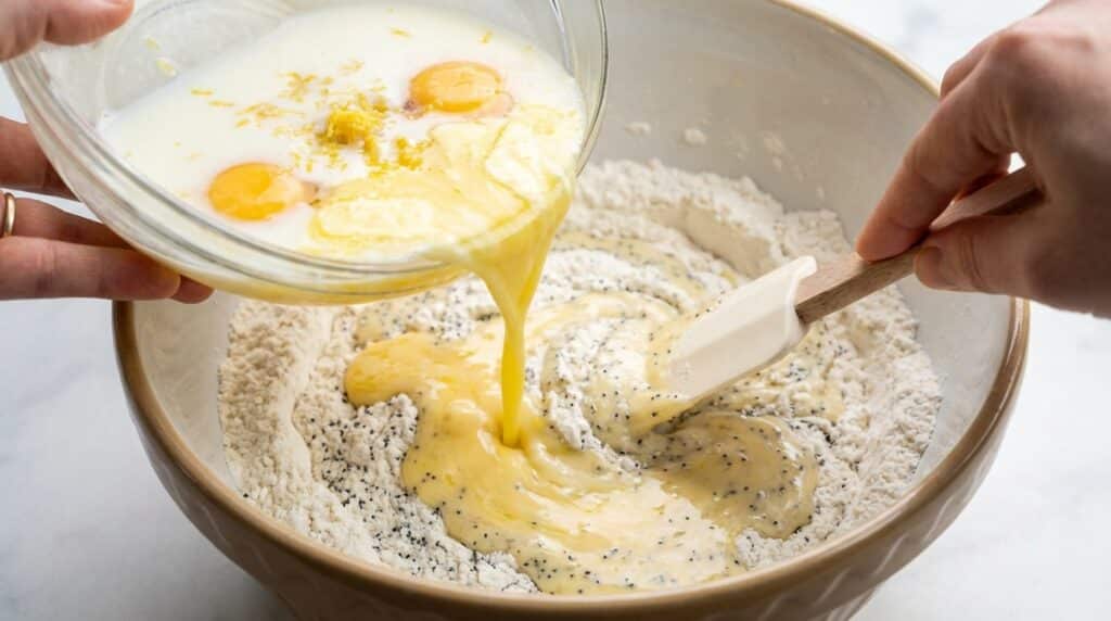image - Discover the Joy of Homemade Almond Poppyseed Muffins Today Mixing eggs and milk into a flour bowl for baking, with poppy seeds, using a spatula.
