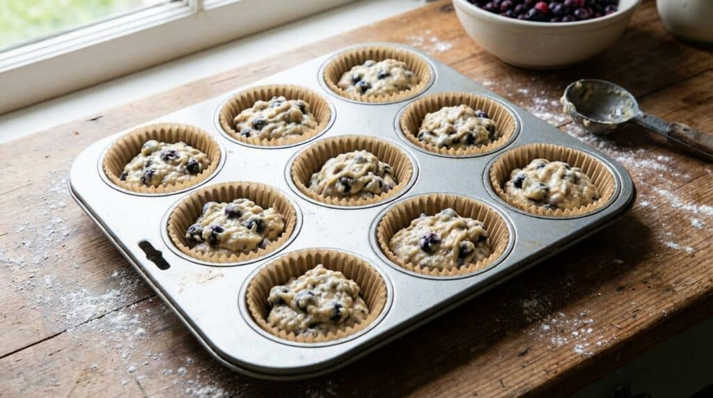 image - Discover the Joy of Homemade Almond Poppyseed Muffins Today Muffin batter with blueberries in baking tray by window, ready to bake.