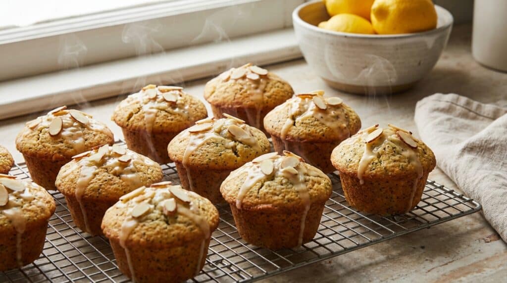 image - Discover the Joy of Homemade Almond Poppyseed Muffins Today Freshly baked almond lemon muffins cooling on rack near sunny window.