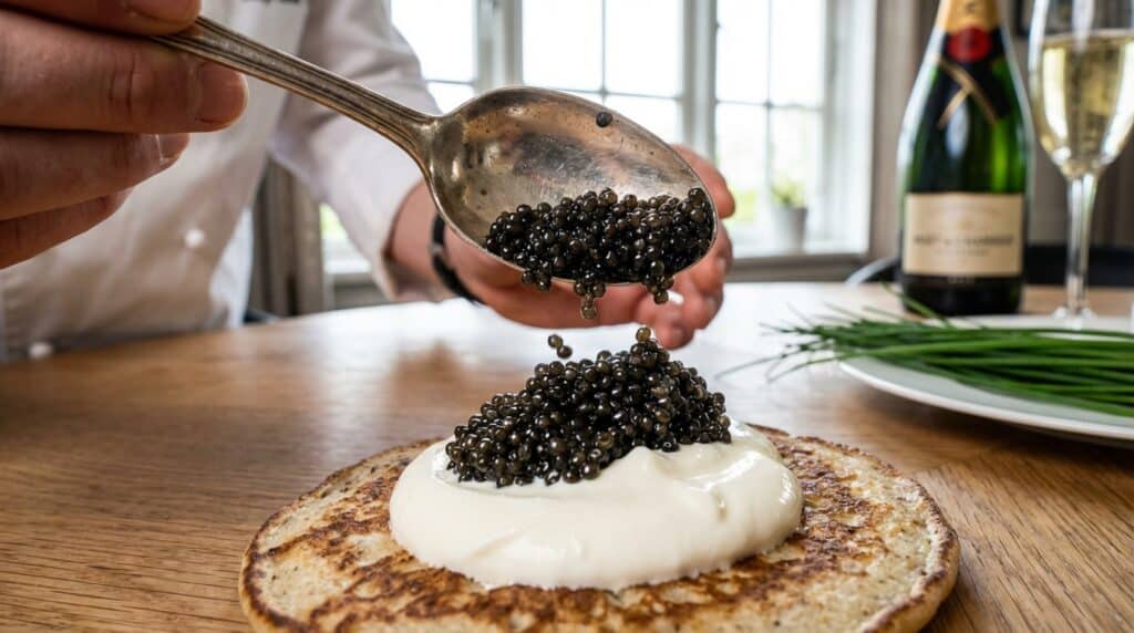 image - Elegant Caviar Party Bites for New Year's Eve Luxurious caviar being spooned onto creamy blini, accompanied by champagne and chives on a wooden table.