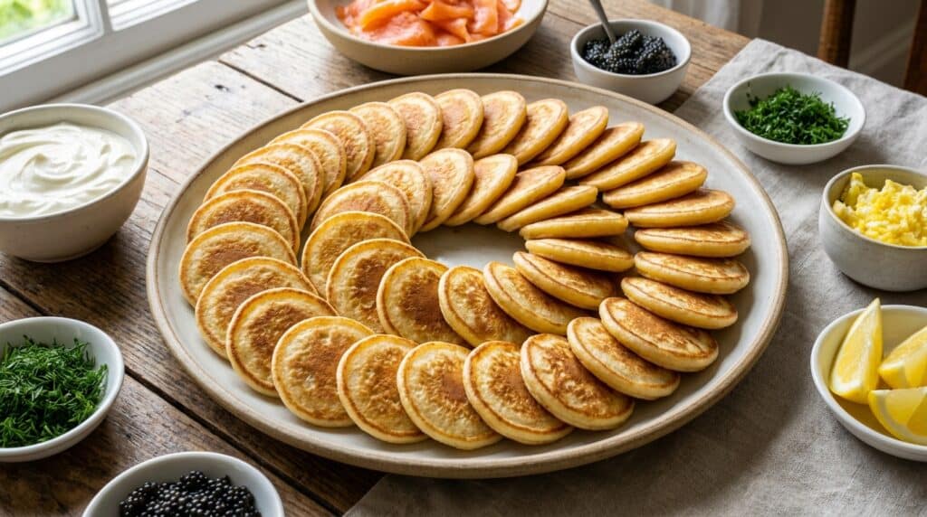 image - Elegant Caviar Party Bites for New Year's Eve A plate of golden blinis with salmon, caviar, and toppings on a rustic wooden table, perfect for a gourmet appetizer.