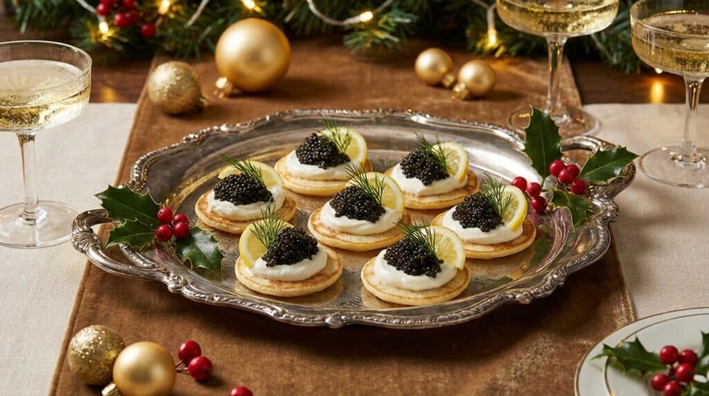 image - Elegant Caviar Party Bites for New Year's Eve Holiday hors d'oeuvres: caviar and lemon on blinis, with festive champagne and decorations on a silver platter.
