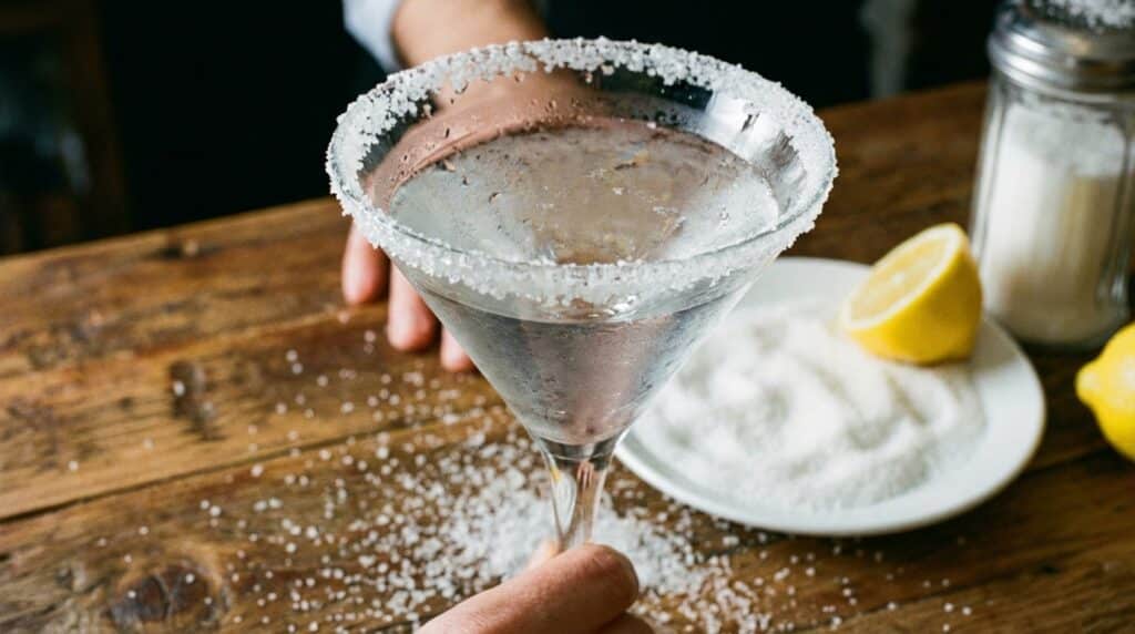 image - Blueberry Snow Martini: Cozy Winter Cocktail Recipe Martini glass with a salted rim on a wooden table, near a lemon and salt shaker.