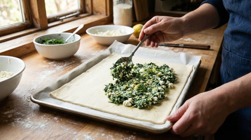 image - Spinach & Feta Puff Pastry Recipe - Easy & Delicious Person preparing spinach and feta pastry with fresh ingredients on a baking tray by a sunny kitchen window.