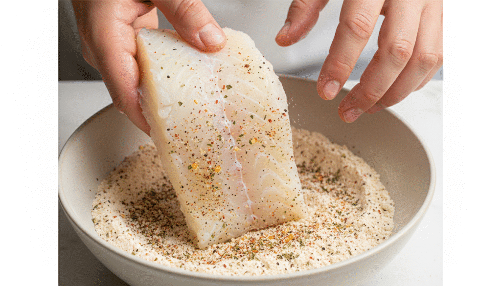 Person coating fish fillet with seasoned breadcrumbs in a bowl, ready for cooking.