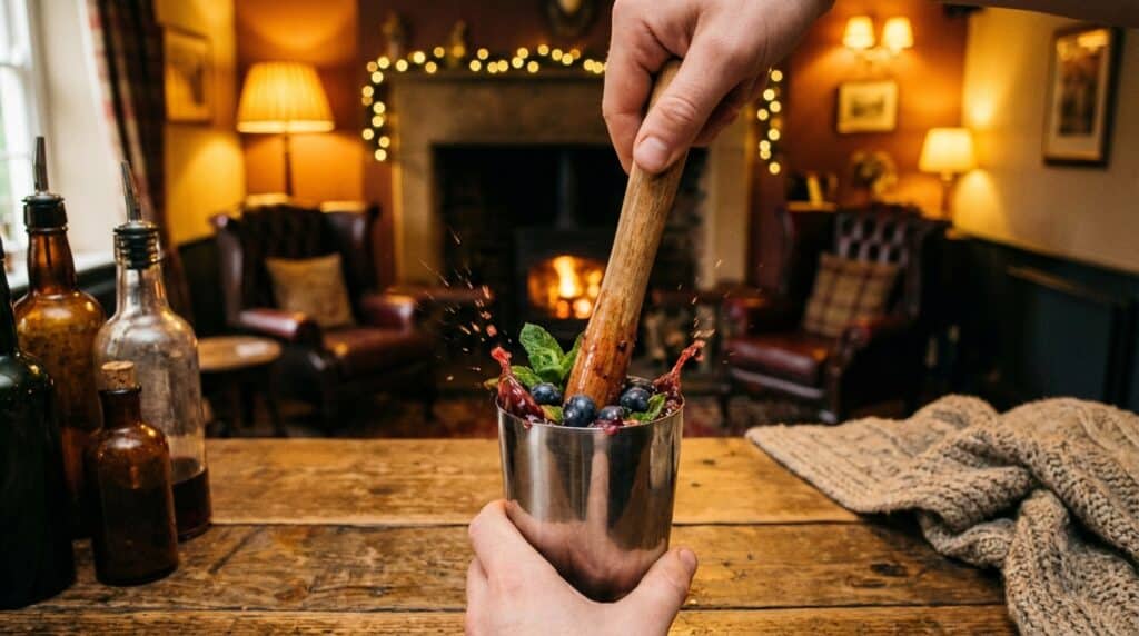 image - Blueberry Snow Martini: Cozy Winter Cocktail Recipe Muddling berries and mint in a cozy, warmly lit room with a fireplace and vintage decor.