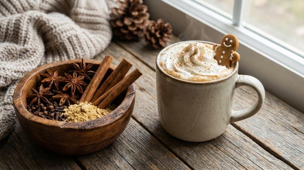 image - Gingerbread Latte Mousse Domes Recipe | Chief Stories Cozy winter scene: spiced latte with whipped cream, gingerbread man, and cinnamon, on a rustic wooden table.
