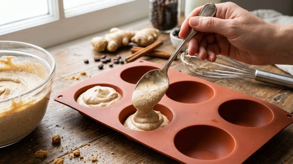 image - Gingerbread Latte Mousse Domes Recipe | Chief Stories Hand spooning muffin batter into silicone mold on wooden table with baking ingredients nearby.