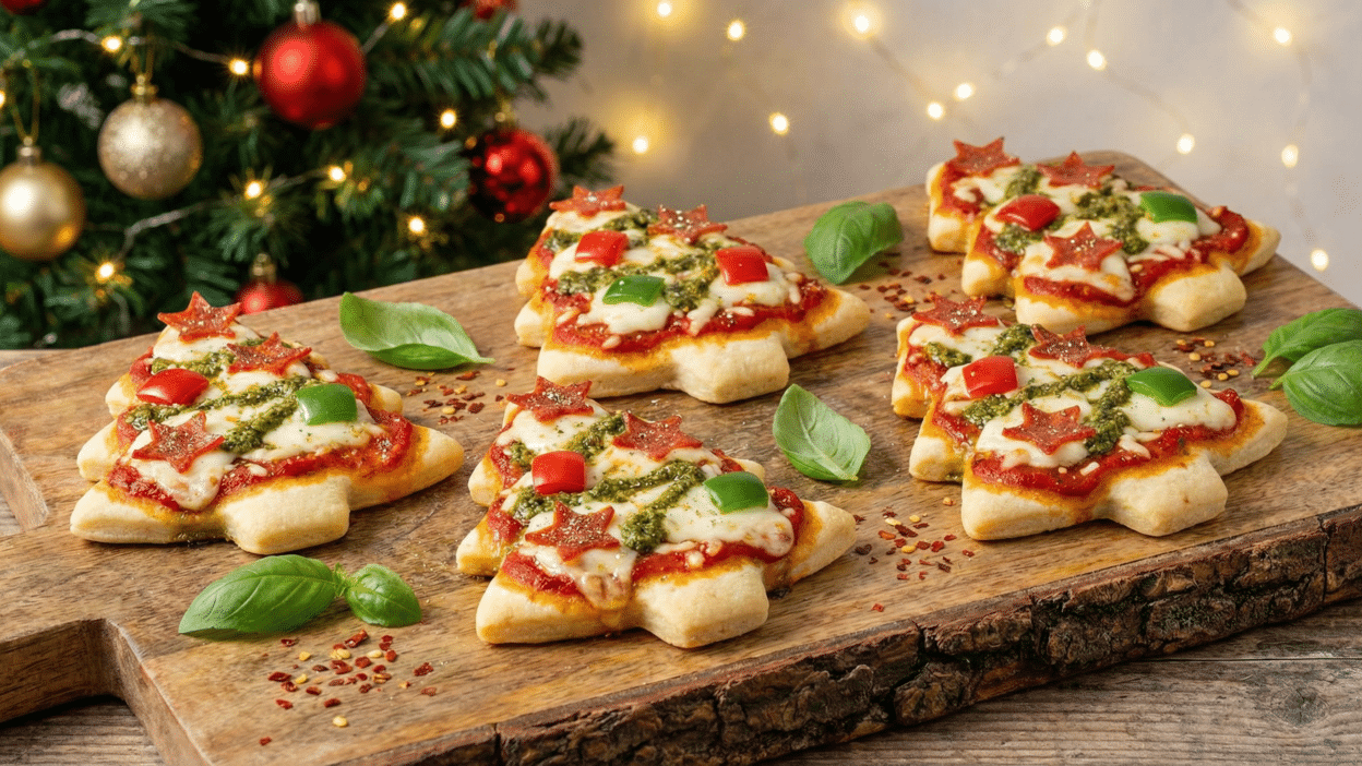 Festive Christmas tree-shaped mini pizzas with red and green toppings on a wooden board with holiday lights. Christmas Tree Mini Pizzas