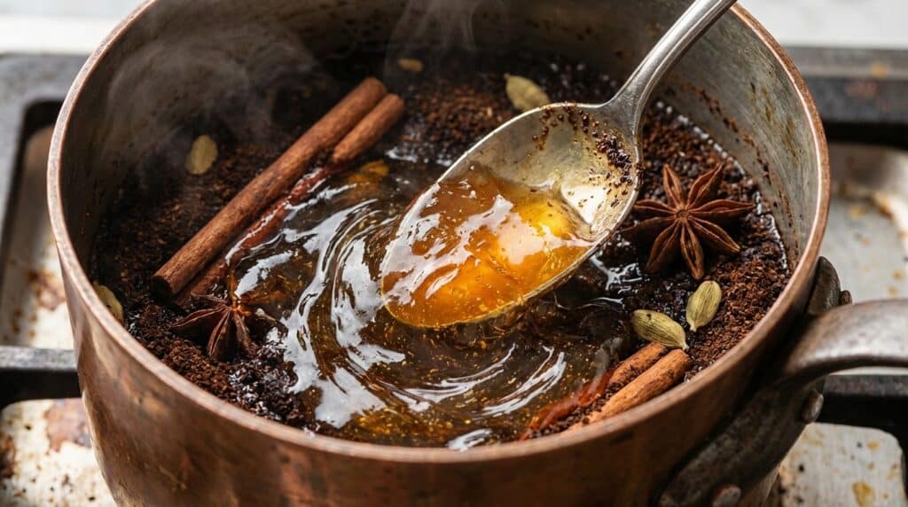 image - Gingerbread Latte Mousse Domes Recipe | Chief Stories Simmering spiced chai tea with cardamom, star anise, and cinnamon in a pot, stirred by a spoon.