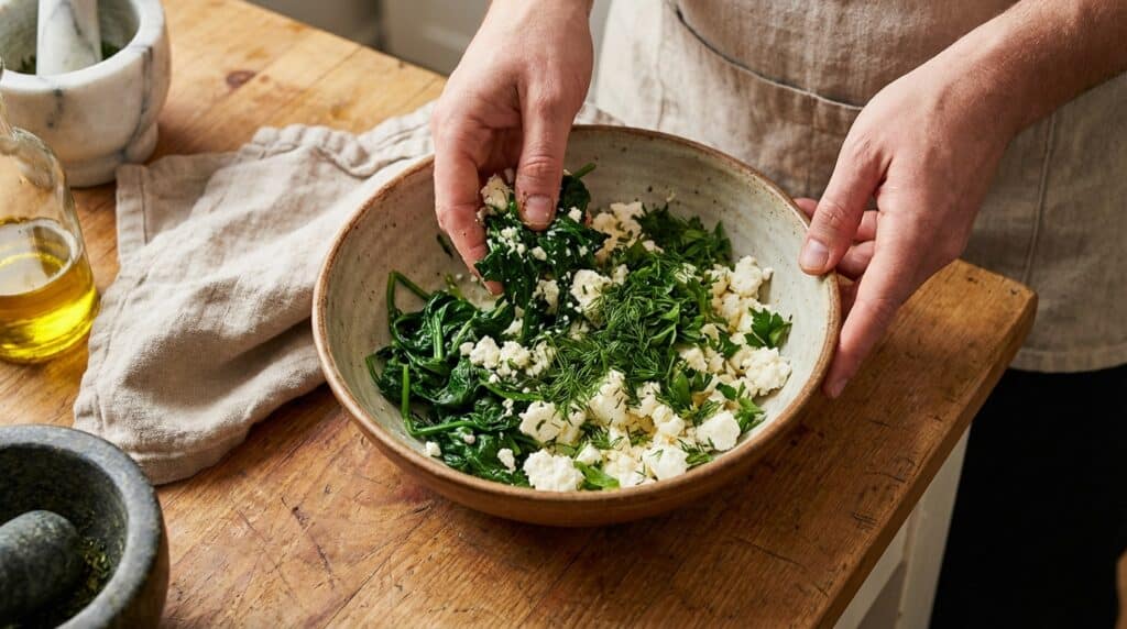 image - Spinach & Feta Puff Pastry Recipe - Easy & Delicious Person preparing a fresh salad with spinach, herbs, and feta cheese in a rustic kitchen setting.