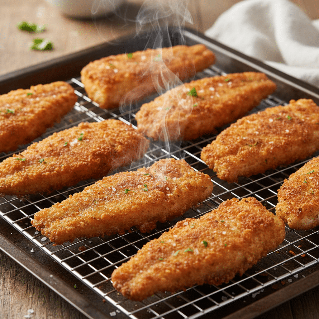 Crispy baked fish fillets on a cooling rack, garnished with herbs. Perfect for a delicious seafood dinner.