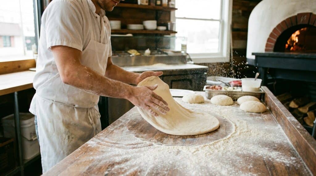 image - Demogorgon Pizza Recipe: Stranger Things Food Fun Baker stretching dough for pizza in a rustic kitchen with flour and ingredients nearby.