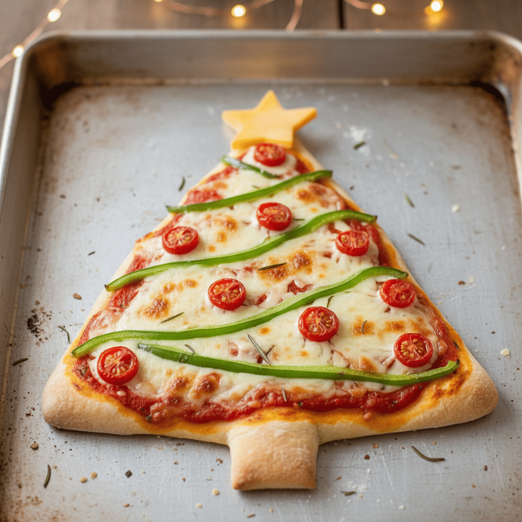 Festive pizza shaped like a Christmas tree, topped with tomatoes and bell peppers on a baking sheet.