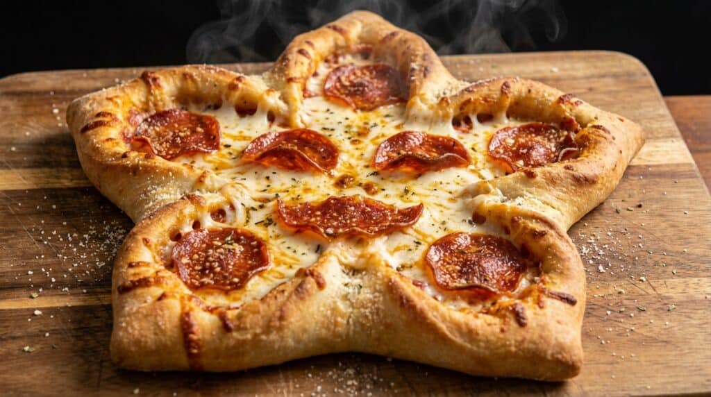 image - Demogorgon Pizza Recipe: Stranger Things Food Fun Pepperoni pizza with a star-shaped crust on a wooden board, garnished with herbs and melting cheese. Demogorgon Pizza