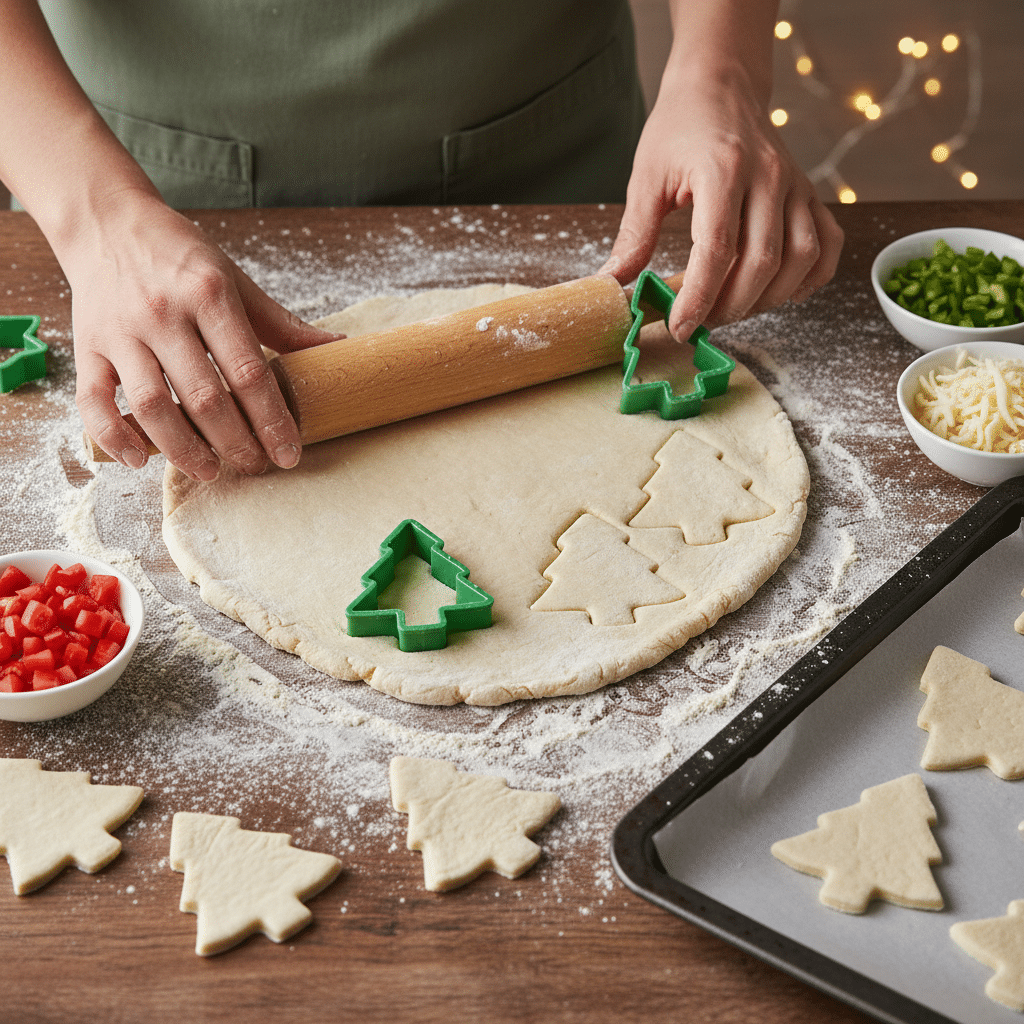 Baking holiday tree-shaped cookies with green cutters on floured dough; bowls of chopped peppers and cheese nearby.