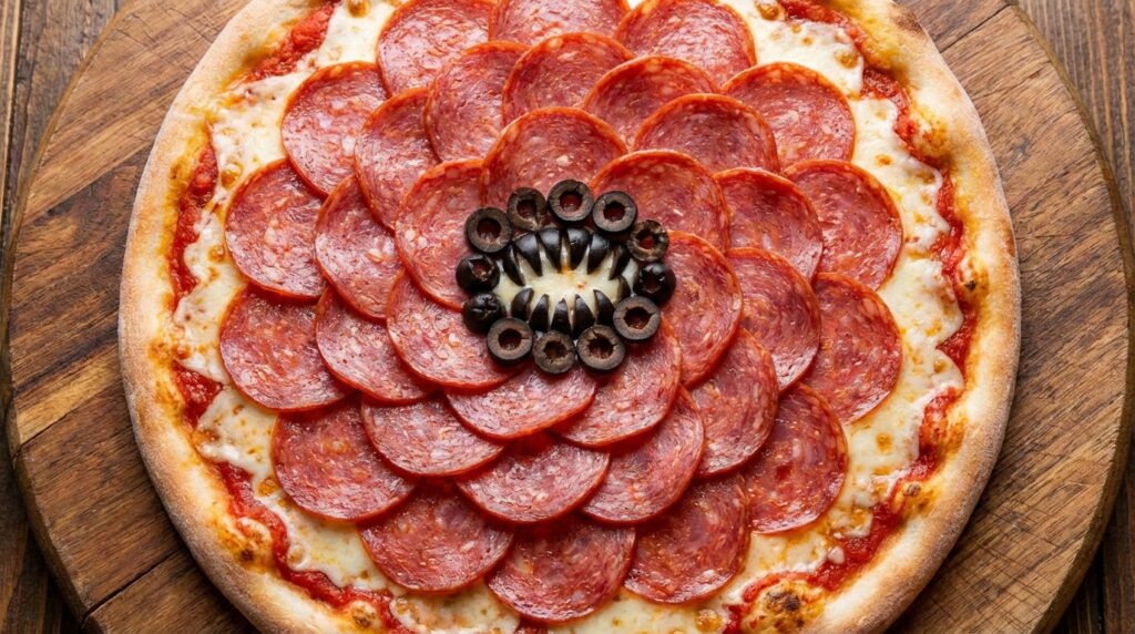image - Demogorgon Pizza Recipe: Stranger Things Food Fun Pepperoni pizza topped with olives on a wooden board, showcasing a delicious and classic Italian dish.