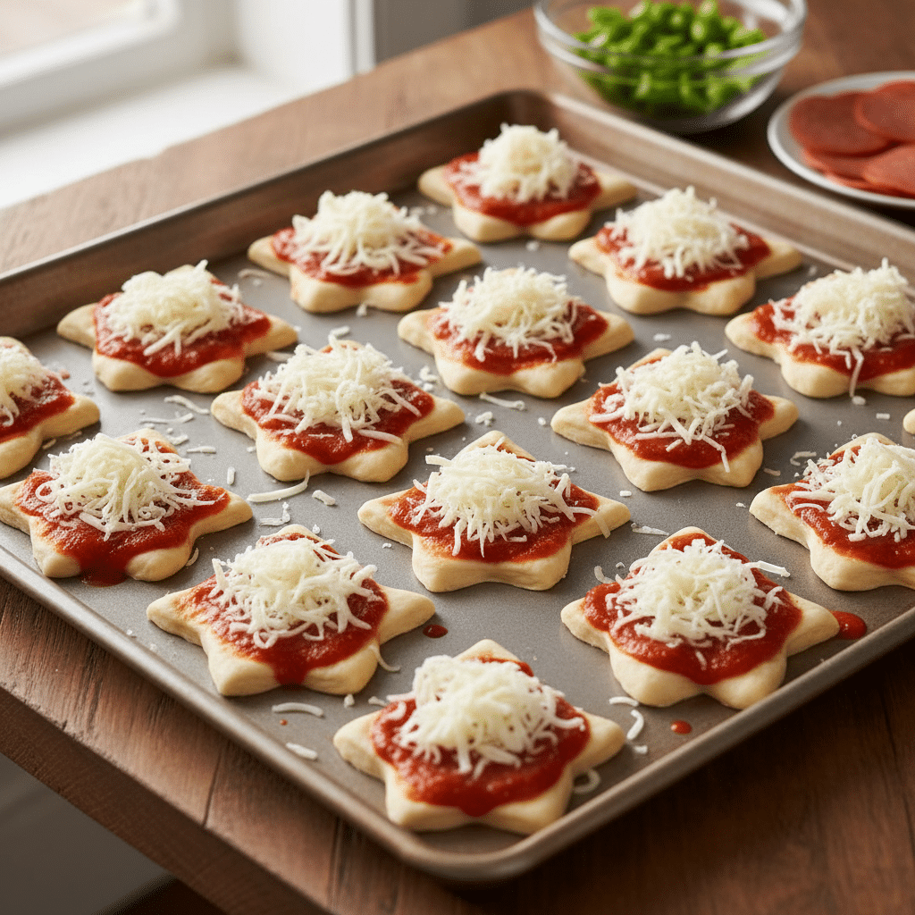 Star-shaped dough with tomato sauce and cheese on a baking tray, ready to bake mini pizzas.