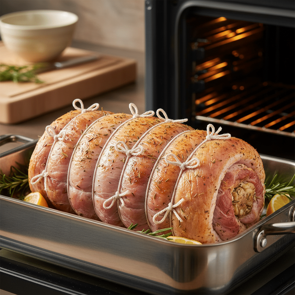 Stuffed, seasoned rolled pork roast in a baking tray, ready to cook in the oven, garnished with rosemary and lemon slices.