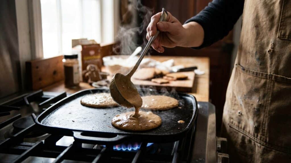 image - Gingerbread Pancakes Recipe | Cozy Holiday Breakfast Person cooking pancakes on a stovetop griddle, pouring batter with a ladle.