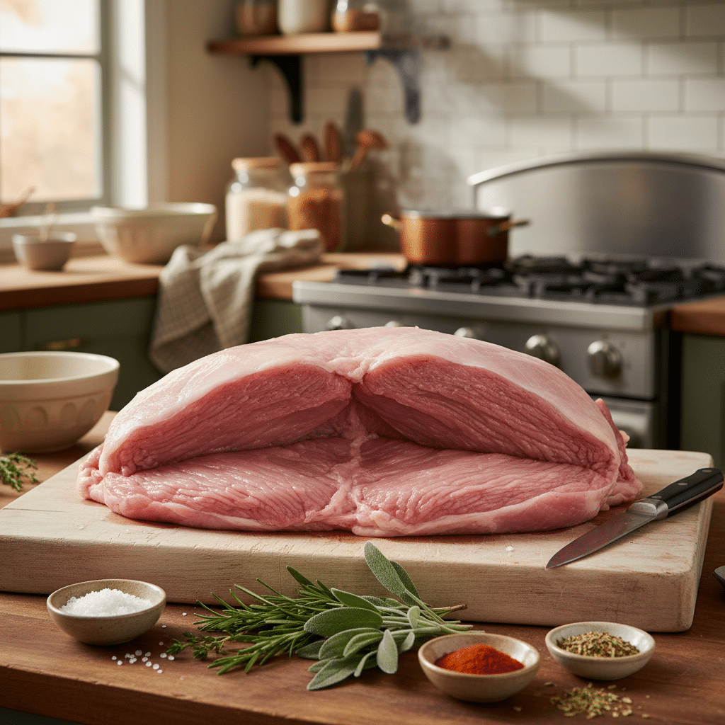 Raw pork loin on cutting board in kitchen with herbs and spices, knife beside for cooking preparation.
