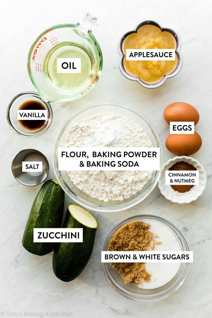 oil-applesauce-zucchini-salt-vanilla-flour - Versatile Zucchini Bread Recipe: Nutty, Chocolate, or Spiced Ingredients for zucchini bread: flour, eggs, oil, applesauce, sugars, spices, zucchini, vanilla, salt.