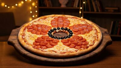 Pepperoni pizza with unique olive arrangement on wooden serving board, cozy background lighting.