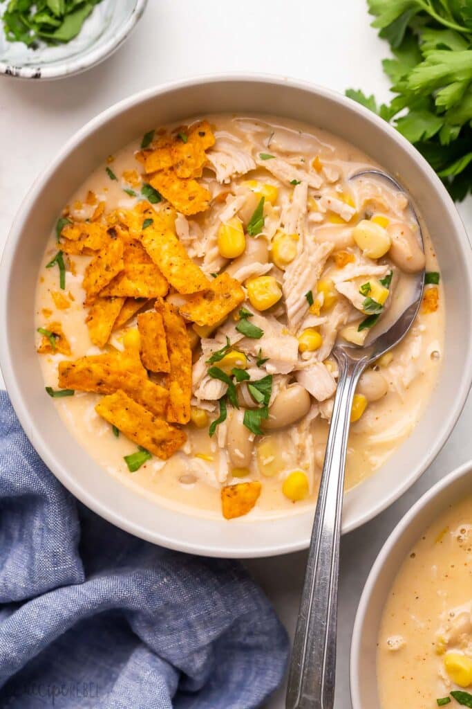 white-chicken-chili-TRR-1200-28-of-30 - Your Guide to Delicious White Chicken Chili with Easy Tips Creamy chicken soup with corn, beans, and tortilla strips in a bowl, garnished with parsley.