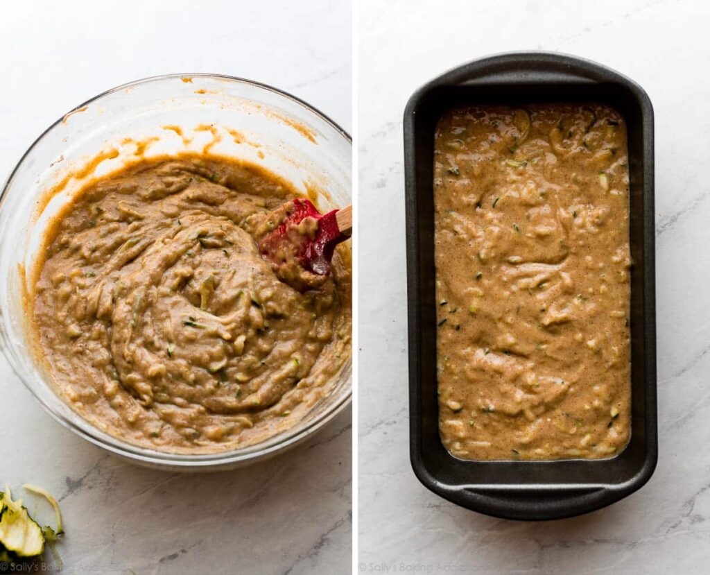 zucchini-bread-batter-in-bowl-and-in-loaf-pan - Versatile Zucchini Bread Recipe: Nutty, Chocolate, or Spiced Zucchini bread batter in glass bowl and loaf pan, ready for baking on a marble countertop.