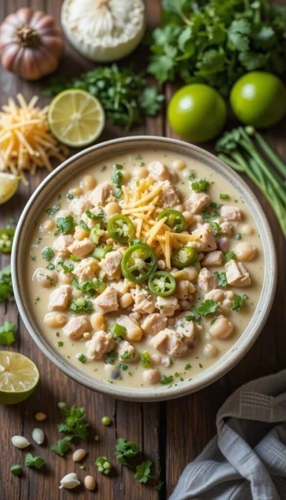 Delicious White Chicken Chili Recipe Comfort in a Bowl - Your Guide to Delicious White Chicken Chili with Easy Tips Creamy white chicken chili topped with cheese and jalapenos, surrounded by fresh ingredients on a rustic table.